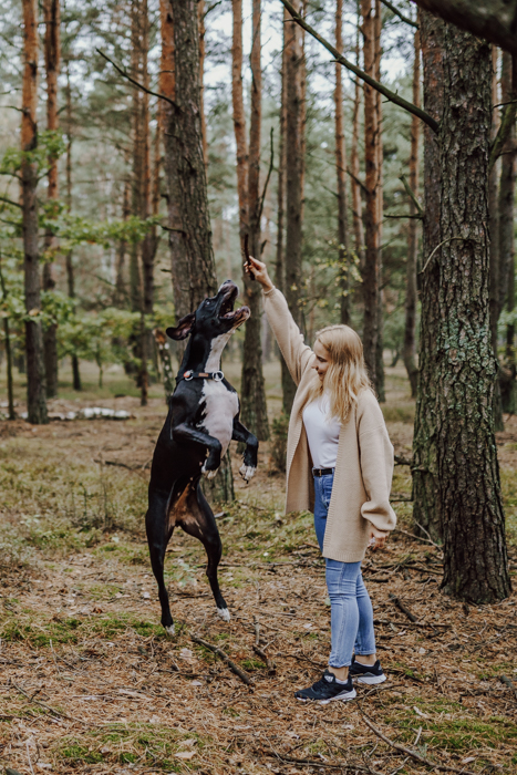 zdjęcie pokazujące zabawe z psem w lesie podczas rodzinnej sesji zdjęciowej