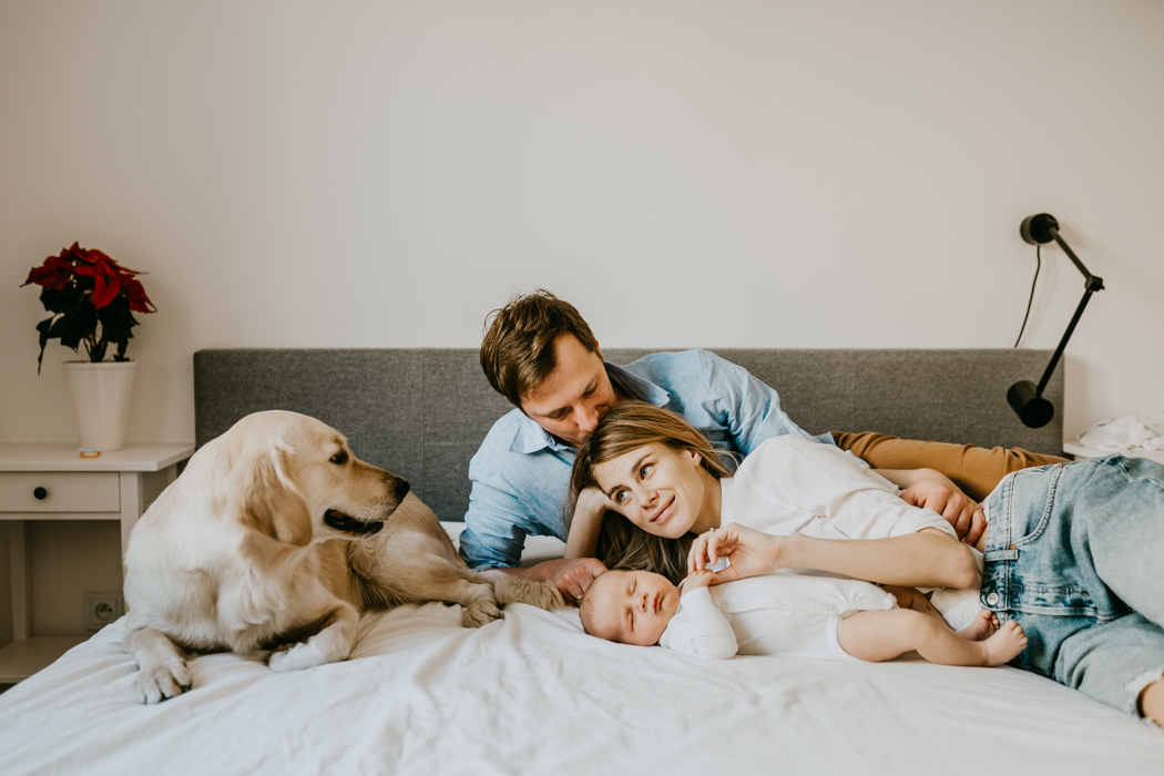 rodzina z noworodkiem i psem rasy golden retriver leżący na łóżku podczas sesji zdjęciowej